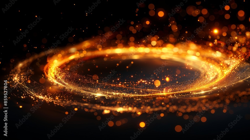 Poster a captivating golden ring emitting a fiery magical aura with sparkling particles, creating an abstra
