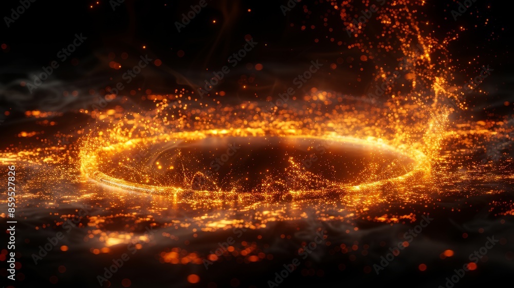 Poster an abstract depiction of a fiery, glowing ring surrounded by sparkles, creating an aura of intense e