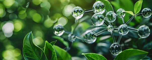 Hydrogen Molecular Model with Green Leaves Background Depicting Clean Sustainable Chemical Purity