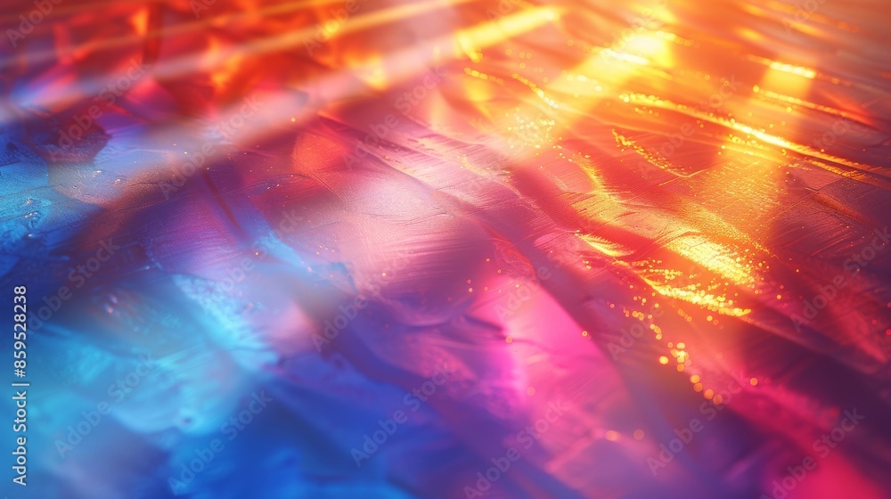Poster an abstract portrayal of prismatic light beams casting vibrant hues on a textured surface, showcasin