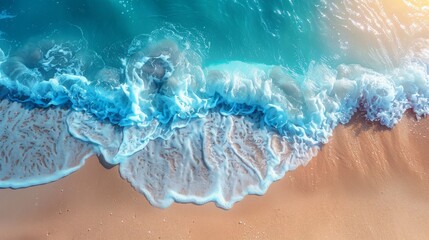 An exquisite capture of waves crashing upon a sandy beach, the turquoise water blending perfectly with the sunlit shoreline in a tranquil and picturesque scene.