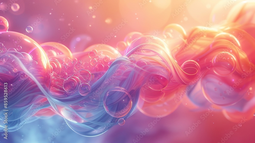 Poster an artistic display of twisting colorful ribbons intertwined with bubbles, set against a dynamic bac