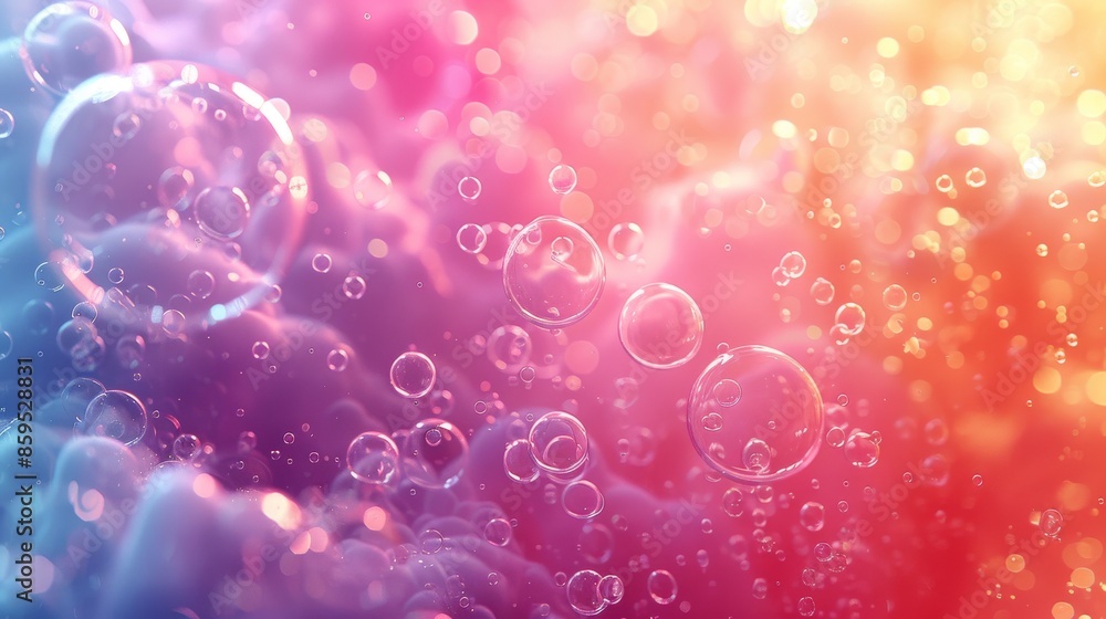 Poster this image depicts shimmering bubbles floating amidst a soft, colorful fog, creating a mystical and 