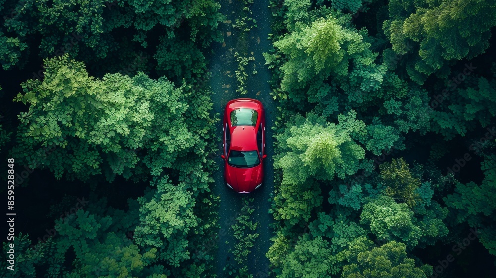 Poster an overhead shot of a red car navigating a narrow path amidst a green forest, emphasizing the contra