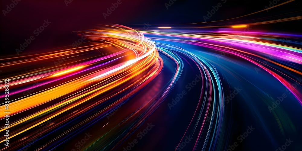 Poster vibrant visual effect created by dynamic colorful light streaks against a dark background. concept d