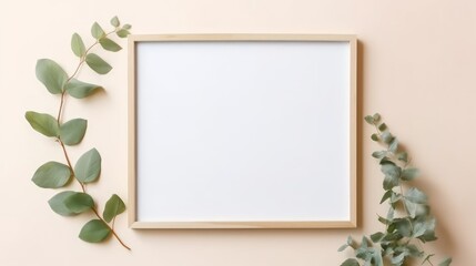 Fototapeta premium Blank Frame with Greenery on Pastel Background