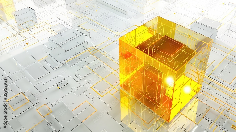 Poster 3d rendering of a yellow translucent cube sitting on a reflective surface. aig535