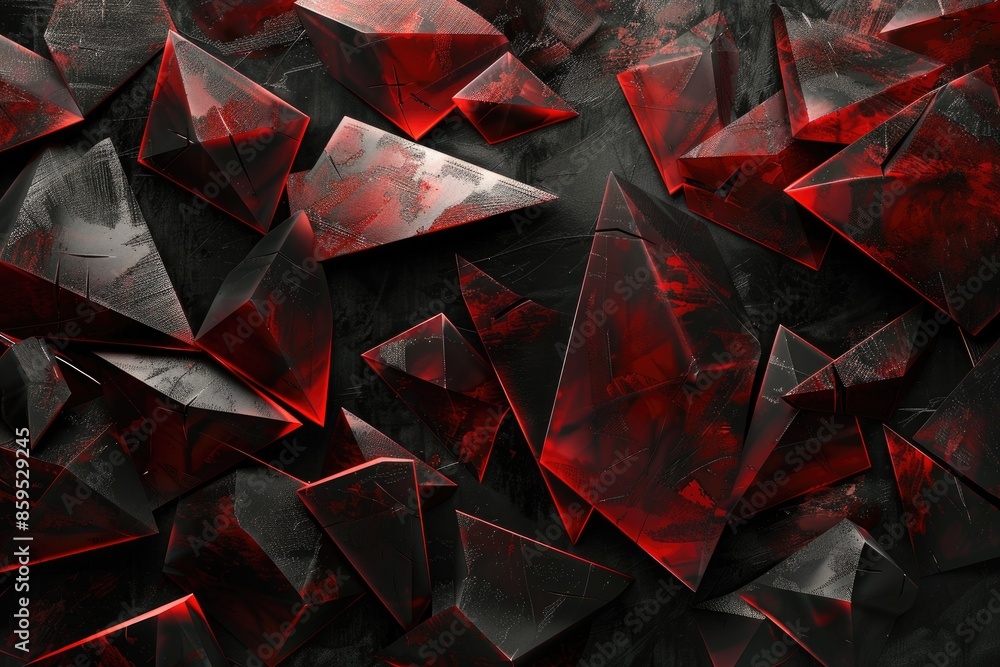 Poster A close up of a red and black abstract design. The design is made up of many small triangles and squares. Scene is intense and chaotic, with the red and black colors creating a sense of danger