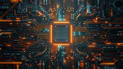 top-down shot of an orange and blue neon-lit chip circuit board digital network and artificial intelligence