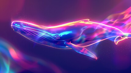 A synthwave idyllic creature emerges from a vibrant haze of neon colors, its sleek and streamlined form glowing with a soft, ethereal light. synthwave whale. Illustrations