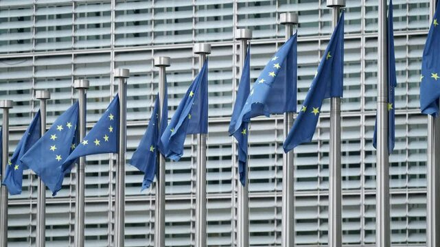 EU flags outside a Brussels building symbolize unity among member nations, representing EU institutions. It embodies the EUs commitment to international collaboration and collective policymaking