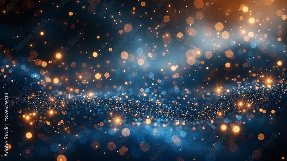 Poster This image depicts blue and golden bokeh lights forming an ethereal wave across the frame, offering a mesmerizing visual experience filled with tranquility and otherworldly charm.