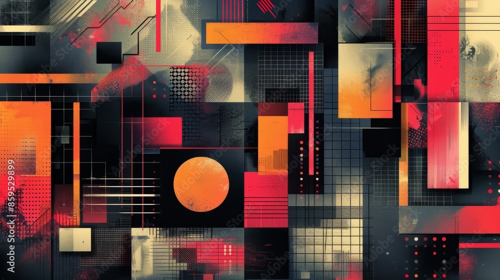 Poster abstract geometric pattern with vibrant colors, creating a dynamic and modern design.