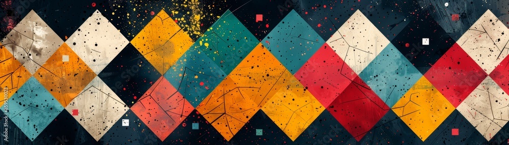 Poster abstract geometric pattern with colorful diamond shapes on a dark background.