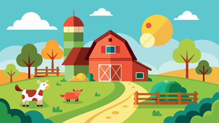 A farm scene with a red barn and a cow