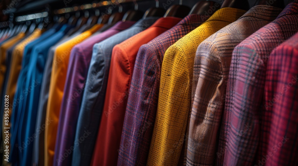 Poster a vibrant assortment of formal jackets, each in different hues, neatly arranged on hangers. the dive