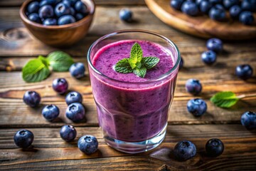 Blueberry smoothie in a glass on a wooden background.