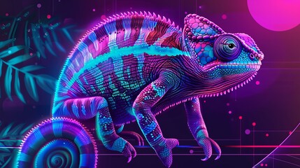 Chameleon with colorful neon retrowave background. synthwave chameleon. Illustrations