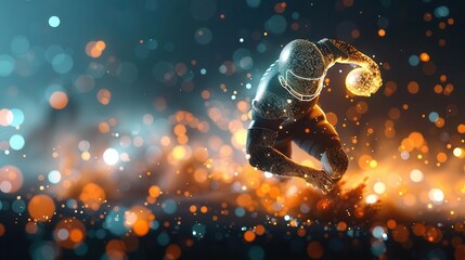 American football player in dynamic pose with glowing lights.