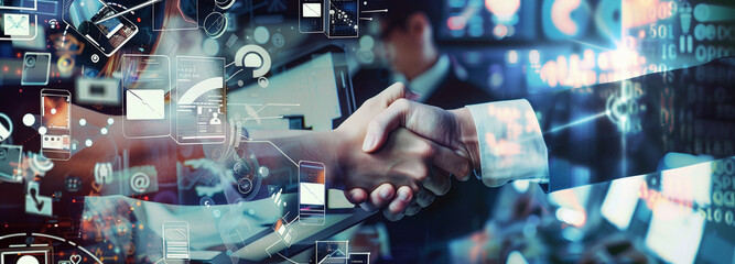 A handshake overlaid with futuristic graphical interfaces and icons, symbolizing modern digital communication and collaboration