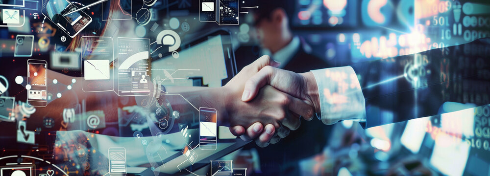 A handshake overlaid with futuristic graphical interfaces and icons, symbolizing modern digital communication and collaboration