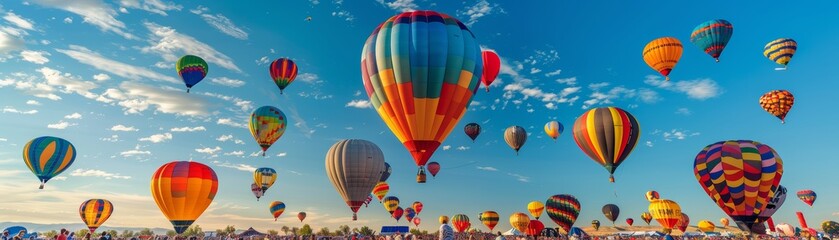 Fototapeta premium Colorful hot air balloons float against a blue sky.