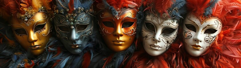 Close up of five masquerade masks with intricate details.
