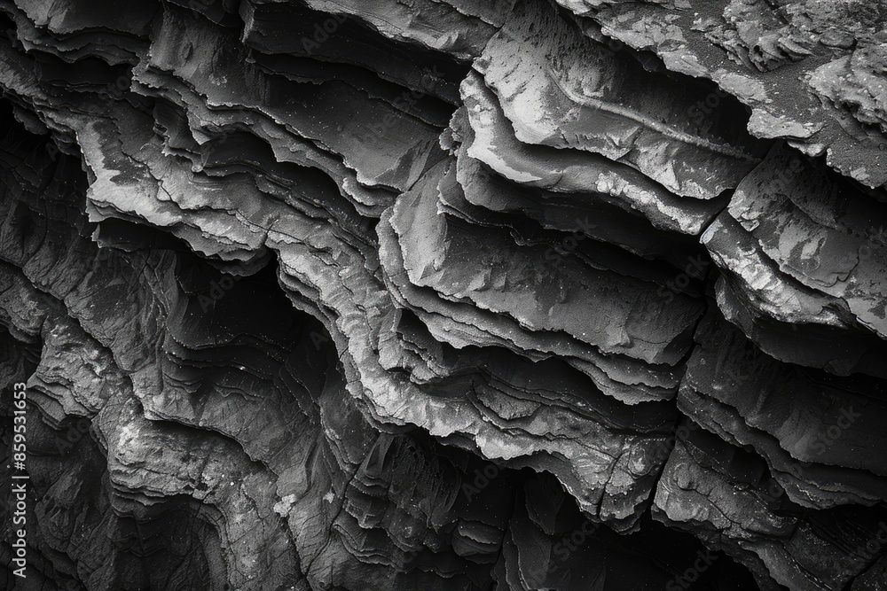 Poster the image is a close up of a rock formation with a lot of texture. the rocks are grey and black, and