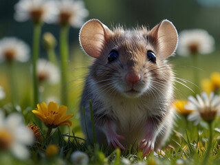 Charming Field Mouse in Blooming Meadow – Close Up Wildlife Photo