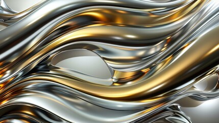 Dynamic reflective metallic waves in gold and silver tones creating an abstract background.