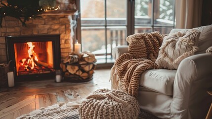 Fototapeta premium cozy hygge chair with books in front of the window ai generated
