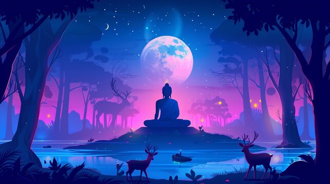 Buddha in Meditation Surrounded by Deer in Sarnath Forest under Vibrant Moonlit Landscape. synthwave deer. Illustrations