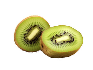 Fototapeta premium Two halves of a kiwi fruit, one cut open, showing the green flesh and white seeds.