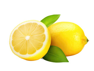 Two ripe lemons, one halved, with green leaves, isolated on white background.
