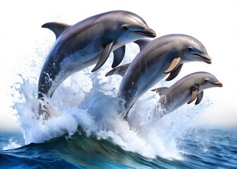 Obraz premium Three Dolphins Jumping Out Of The Water In A Choreographed Display Of Grace And Agility.