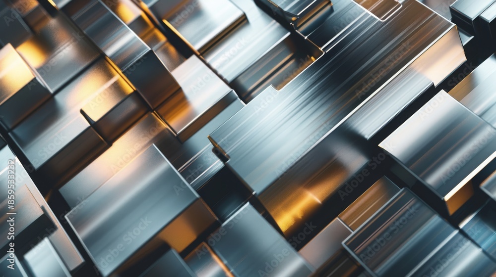 Poster metallic blocks with golden highlights creating a geometric abstract pattern.