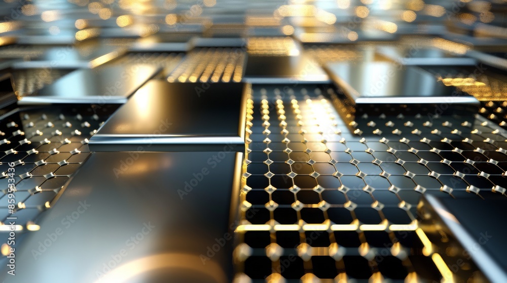 Poster metallic grid with hexagonal patterns and golden highlights creating a modern abstract texture