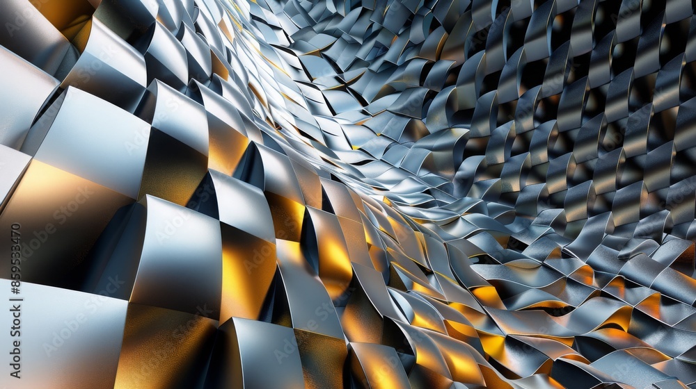 Poster metallic wavy pattern with golden highlights creating a dynamic abstract design.