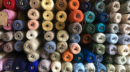 Colorful rolls of sewing thread in a box