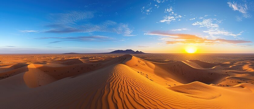 Aerial View of sand dunes at sunset in the Sahara desert, Djanet, Algeria, Africa.