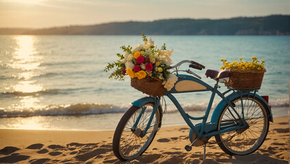 Fototapeta premium Beautiful retro bicycle with a basket of flowers at the sea