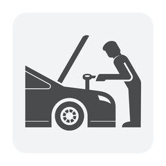 Auto car check vector icon. Include mechanic man, repairman or technician to open bonnet hood to work, looking for check up diagnose or inspection engine. Also service, fixing, repair or maintenance.