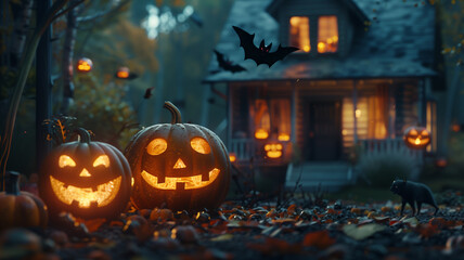 Fototapeta premium A festive Halloween scene with carved pumpkins, bats, and a spooky haunted house