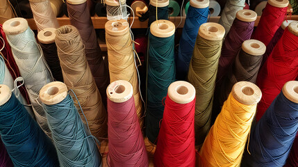 Colorful rolls of sewing thread in a box