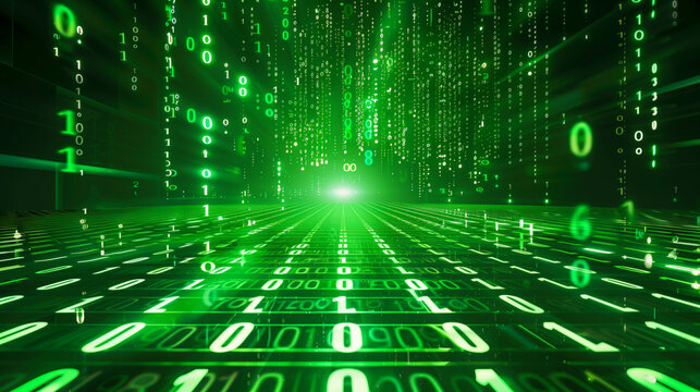 Green binary code background. Glowing digital data stream in cyberspace
