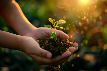 Fototapeta premium Child's hands holding soil with a sprouting plant, symbolizing care and growth