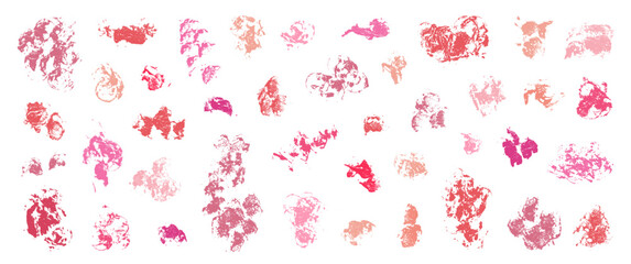 Grunge abstract lipstick stains set. Lipstick stains, daubs and smears. Paint splatter backgrounds. Paint brush dirty strokes textures. Quirky scribbles. Rough grungy overlays.