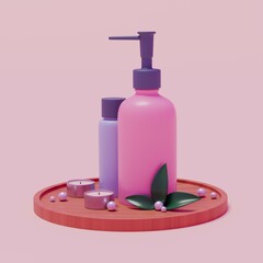 Body and skin care products on a wooden tray with pearls and flowers. Cosmetic products on the podium. Background for presentation on a peach background.