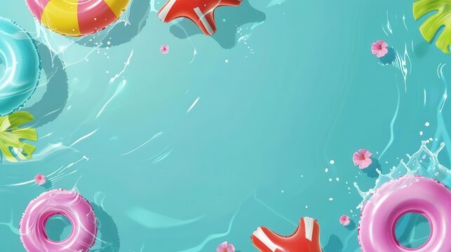 Floaties in various shapes with water splashing around flat design, top view, pool party theme, water color, vivid, copy space for text,