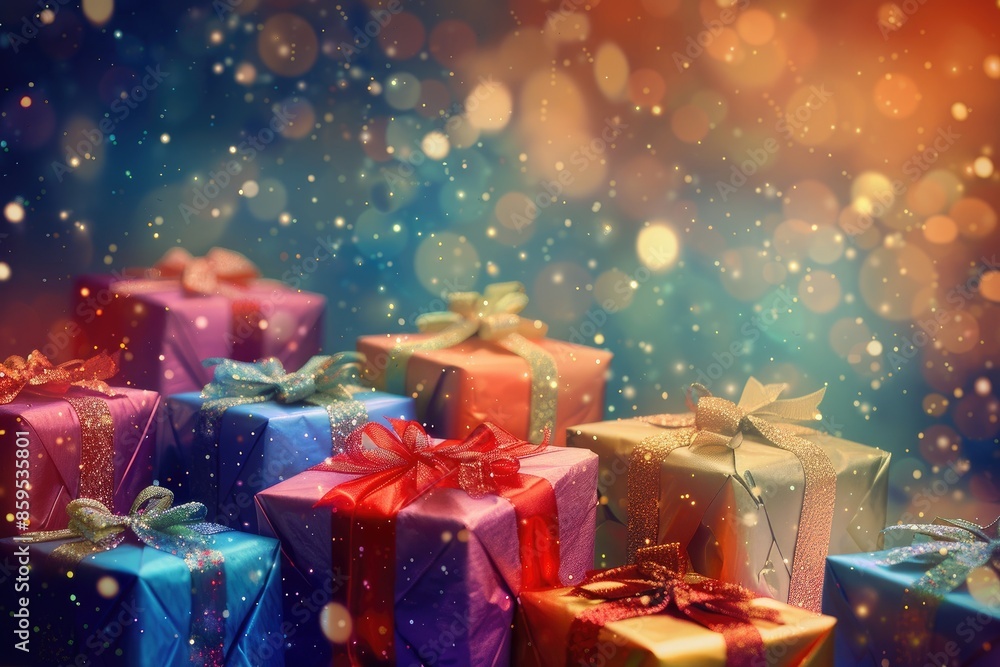 Poster a colorful stack of presents with a blue box in the middle. the presents are wrapped in shiny paper 